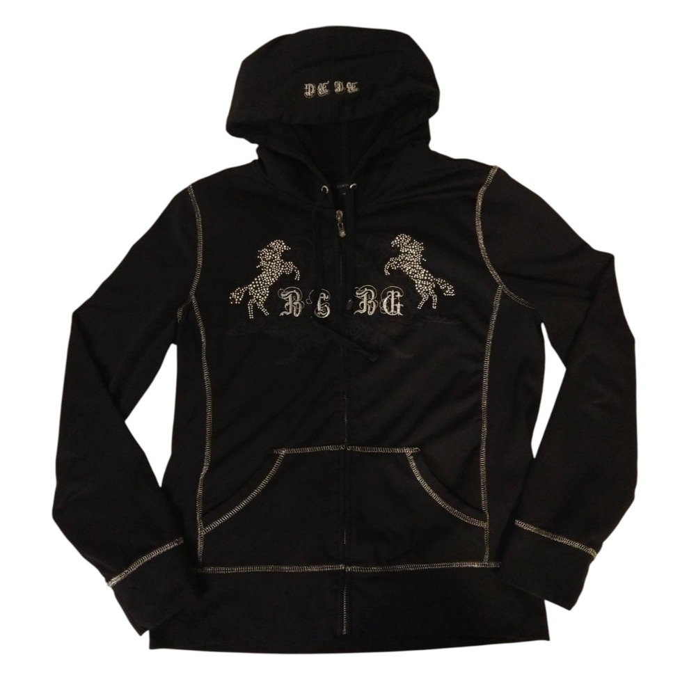 BCBG Max Azria Jacket Hoodie Rhinestones Women's  Sz Large Full Zip Black Horses